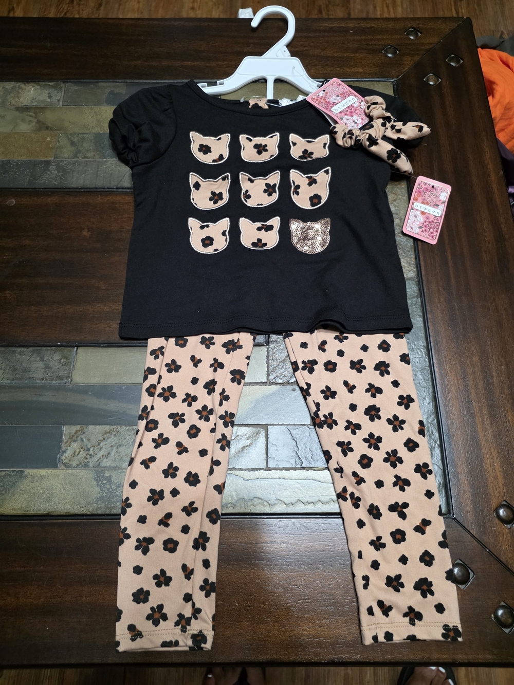 btween Black Top and Peach Floral Leggings Matching Set with Scrunchie